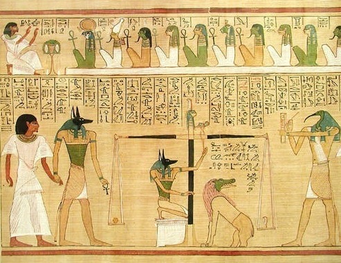 Egyptian god Anubis leads a deceased soul through eternal judgment which includes the weighing of a heart against a feather. Wikimedia Commons.
