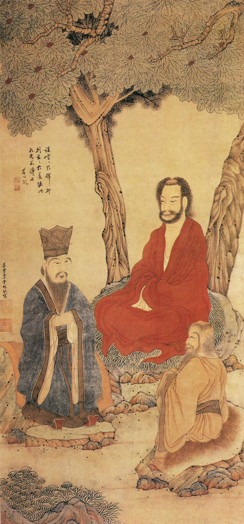 Three sages sit under trees dressed in blue, red, and yellow robes.