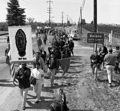  March to Sacramento Begins. March 1966, Delano, California. Photo by Harvey Richards. (Wikimedia)