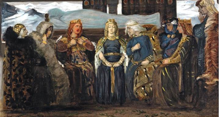 Seven women seated, two standing in front of a shrouded body